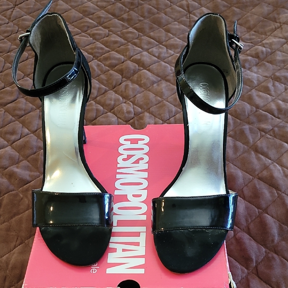 Cosmopolitan Shiny Black Ankle Strap Heels